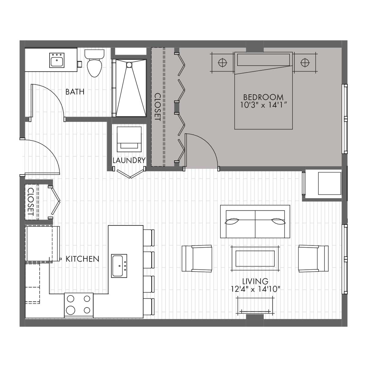 1 Bedroom Apartment Layout - Garage and Bedroom Image