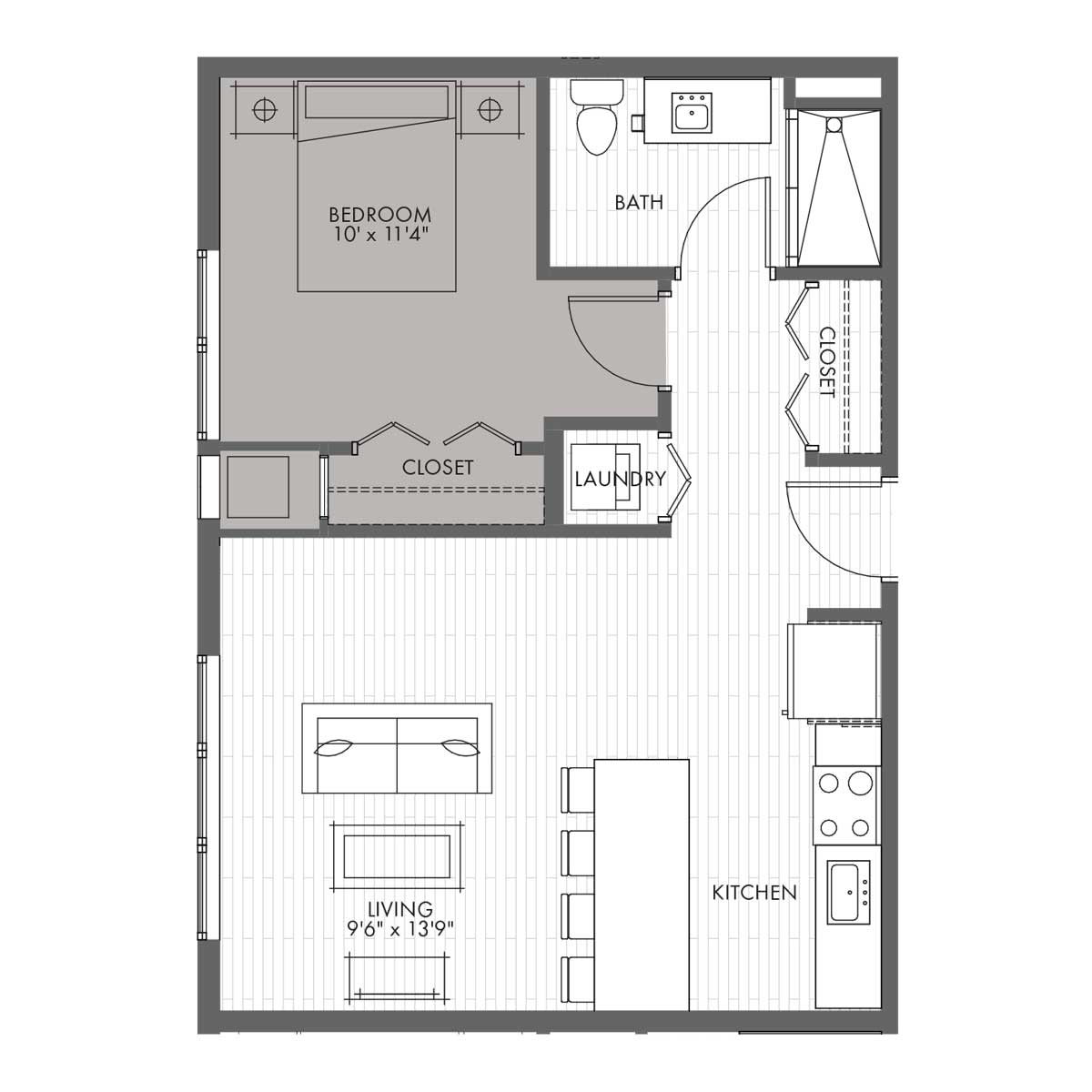 1E penthouse 1 bed 1 bath 670